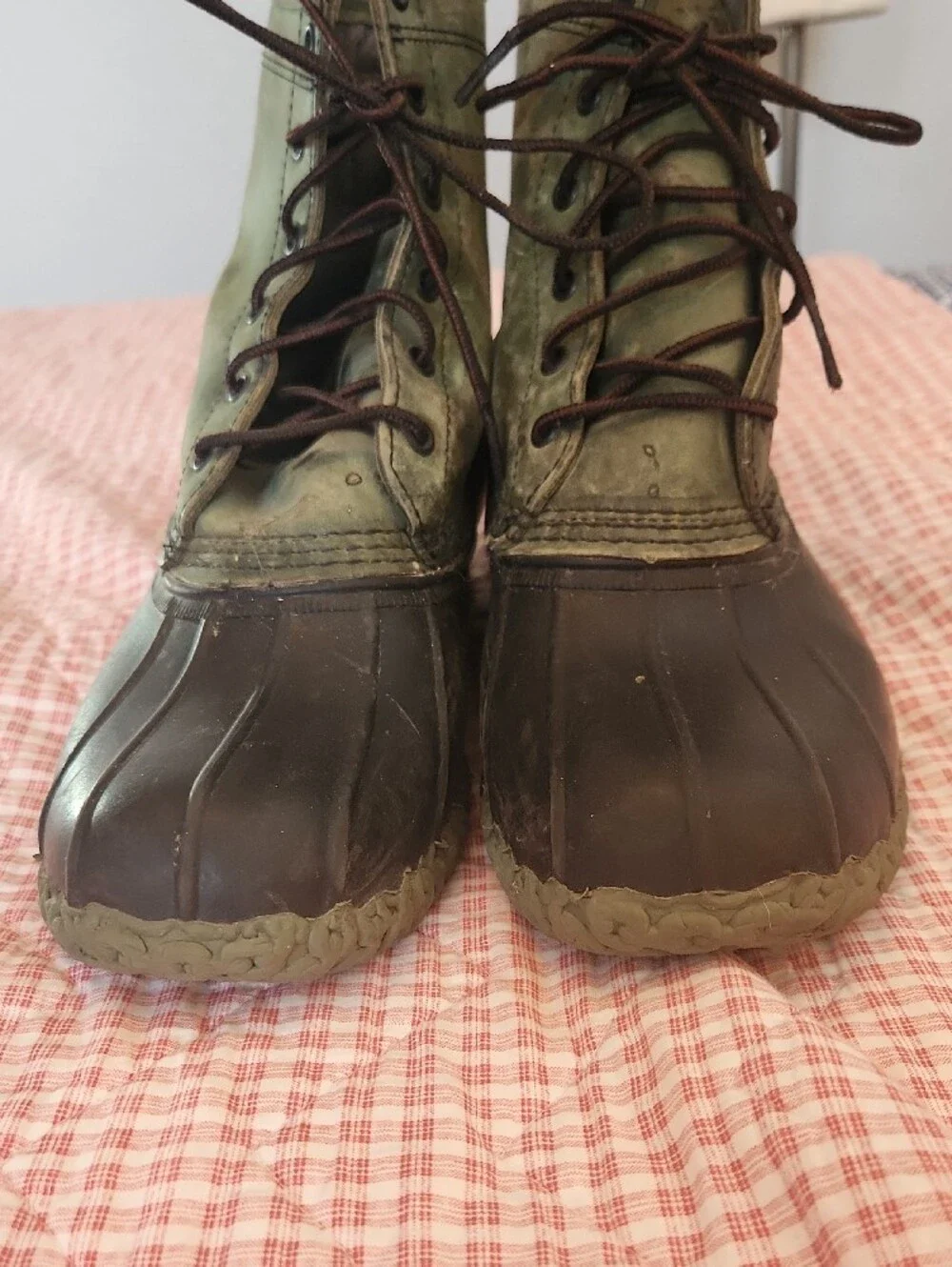 L.L. Bean Olive Green Black Brown Leather Rubber Duck Boots Lined 11M Fishing